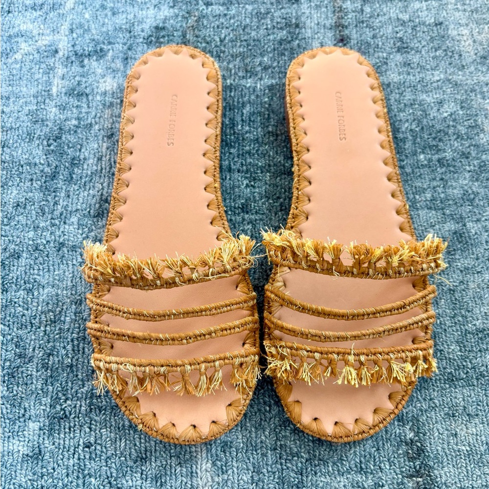 Carrie Forbes Mars Raffia Woven Sandals Neutral & Gold NEW